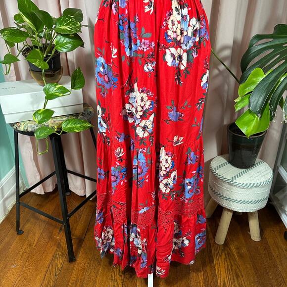 Band of Gypsies Floral Boho Maxi Dress XS Red Viscose Peasant Puff Sleeve Lace - Picture 11 of 12